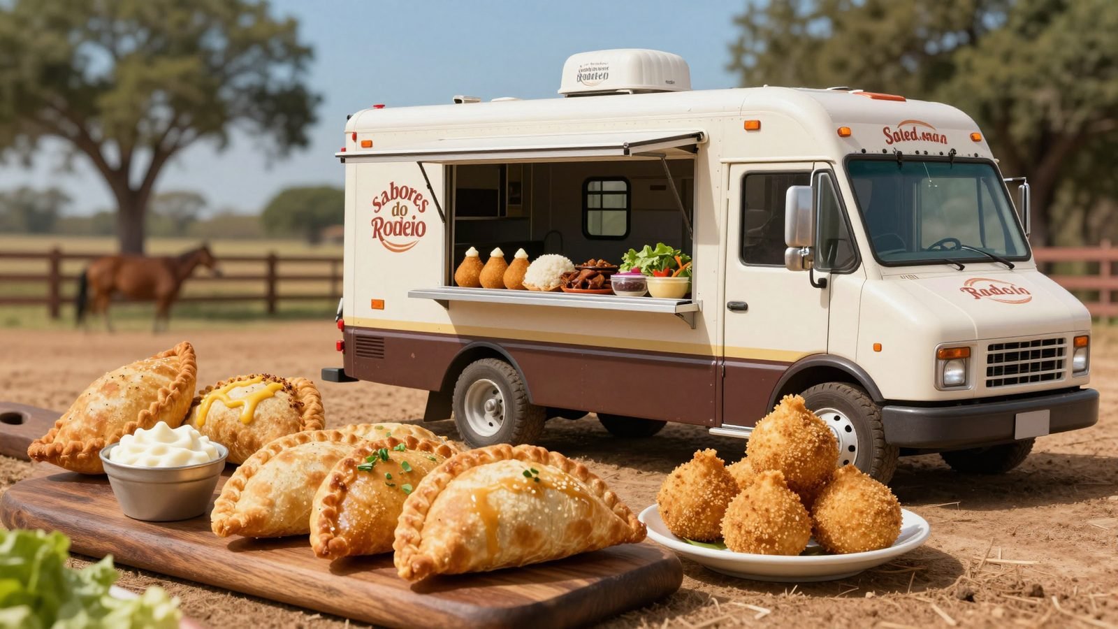 Food truck Sabores do Rodeio no pasto do rancho, com pastéis e coxinhas em primeiro plano
