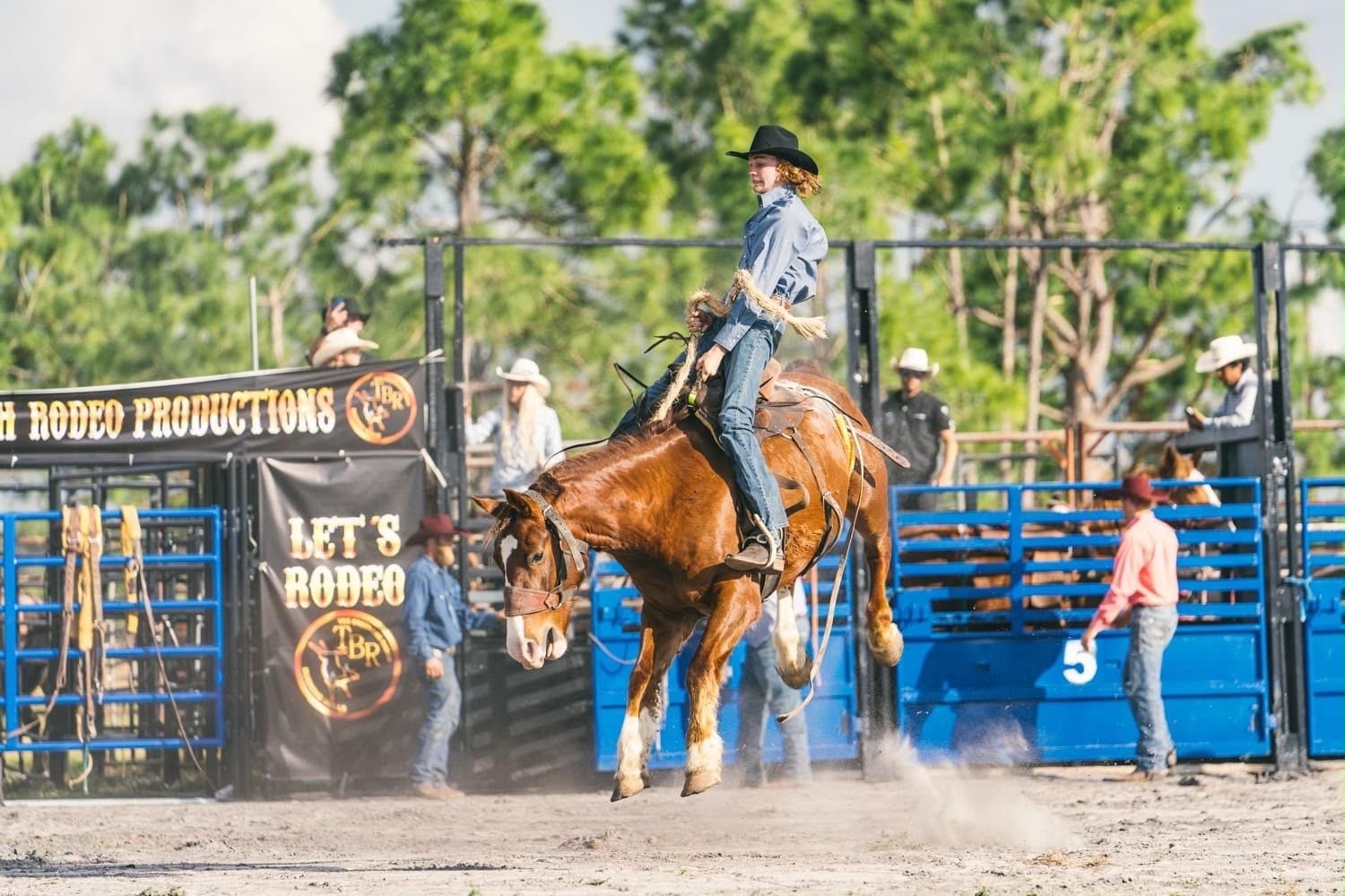 Competidor montando cavalo bravo na arena